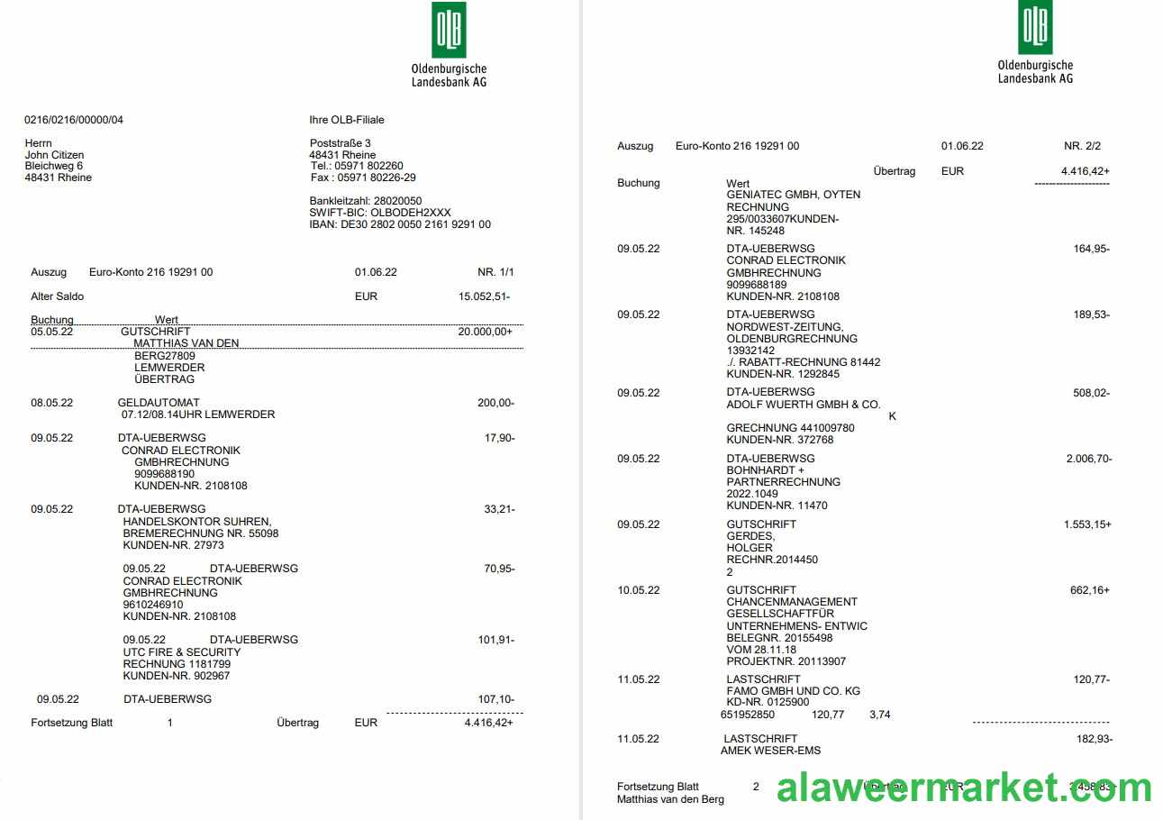 Germany Oldenburgische bank statement on Deutsch, 3 pages
